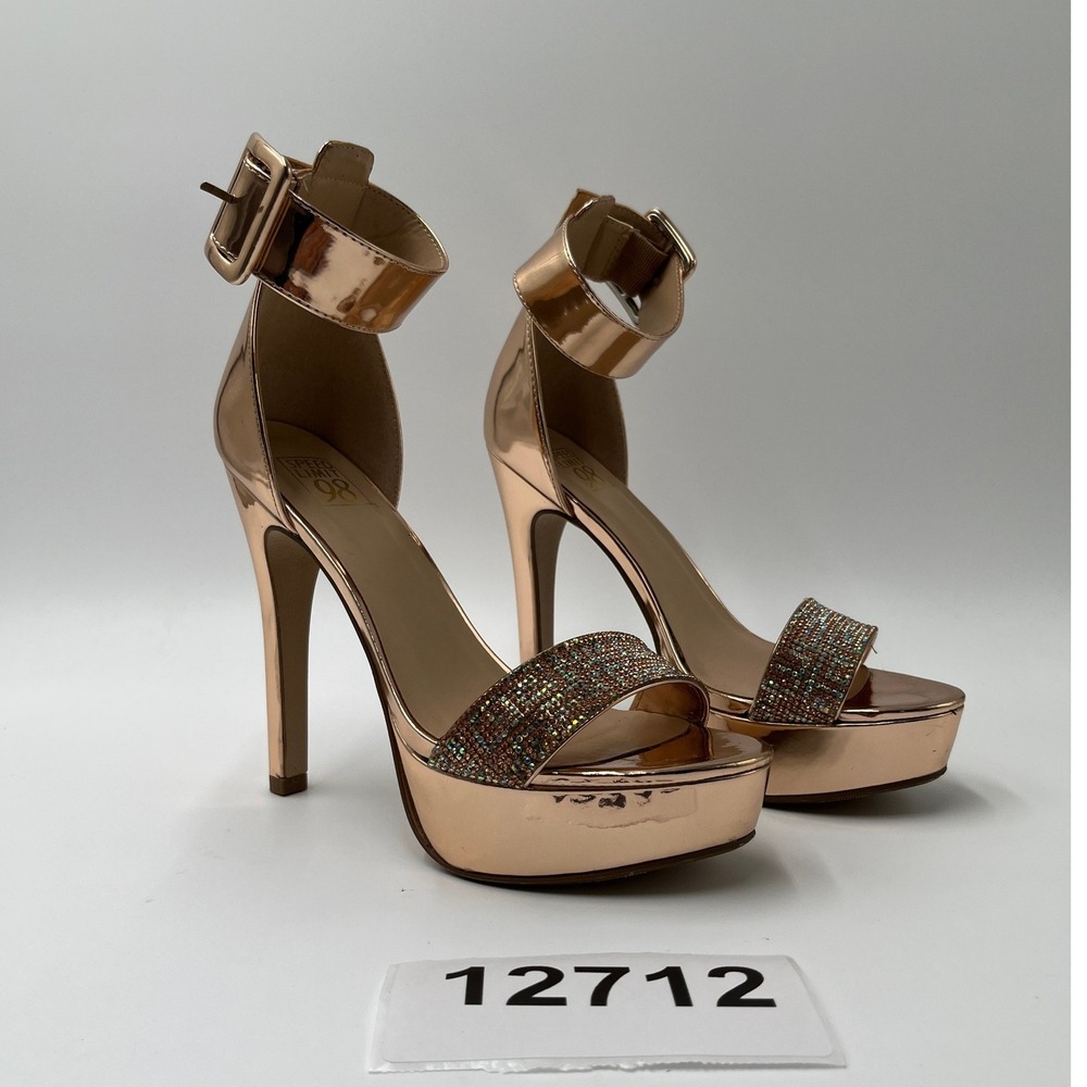 Speed Limit 98 Stiletto Heels Sandals Womens 7 Rose Gold Rhinestone Ankle Strap